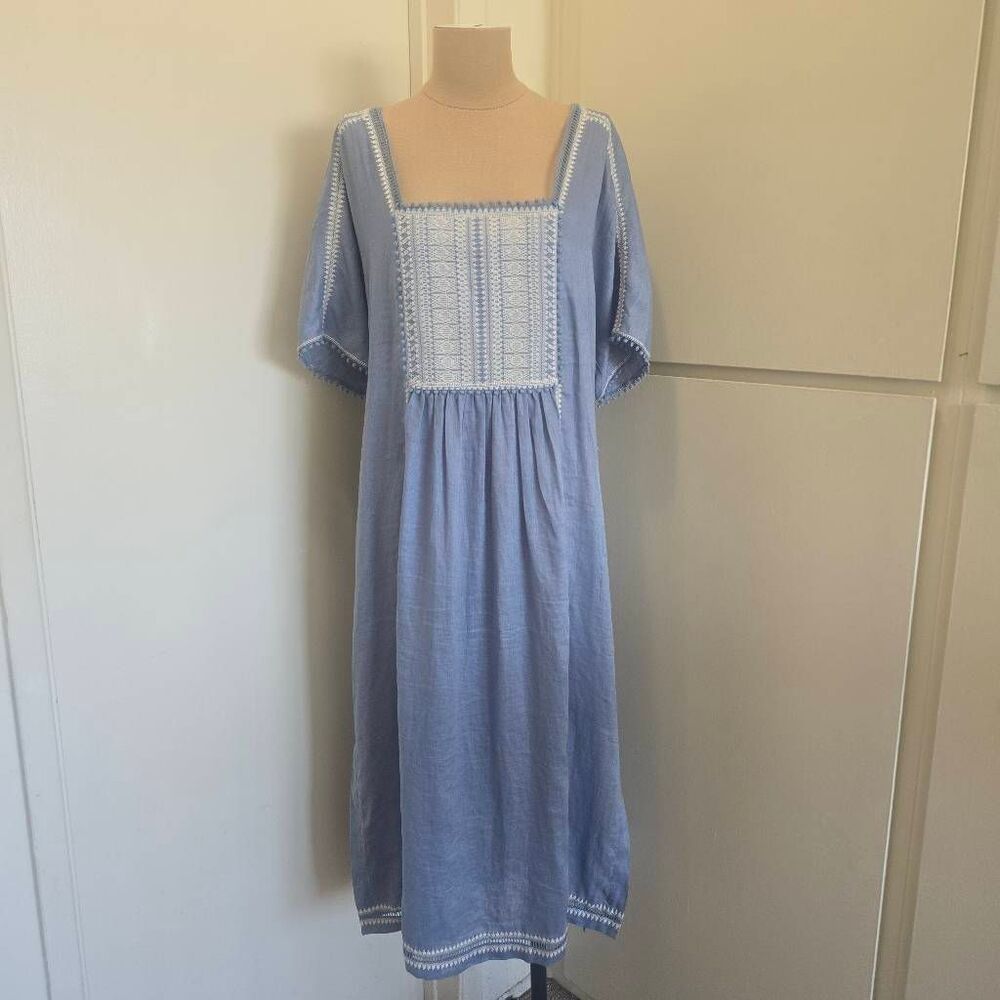 Wrap London Blue Linen/ White Embroidered Midi Dress,Short Slv, NWOT, Sz.2